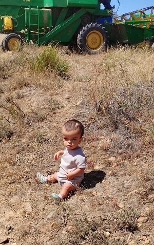 Pablo sentado en el campo junto a un tractor Pablo sentado en el campo junto a una cosechadora